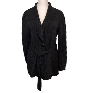 St. John Black Chunky Cable Knit Belted Wool Blend Cardigan l 6